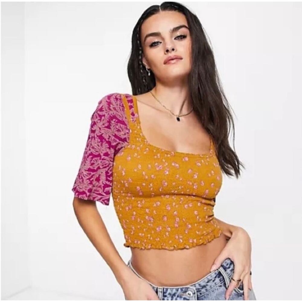 Free People Smocked Crop Top Ditsy Floral Mustard Magenta Boho Sz S